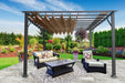 Paragon Outdoor Florence aluminum pergola with a gray-colored structure and a cocoa-colored canopy, set in a vibrant garden.