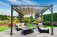Outdoor setting featuring the Florence aluminum pergola with a gray structure and a sand-colored roof.