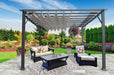 Florence pergola with a gray structure and a silver roof, enhancing a contemporary outdoor space