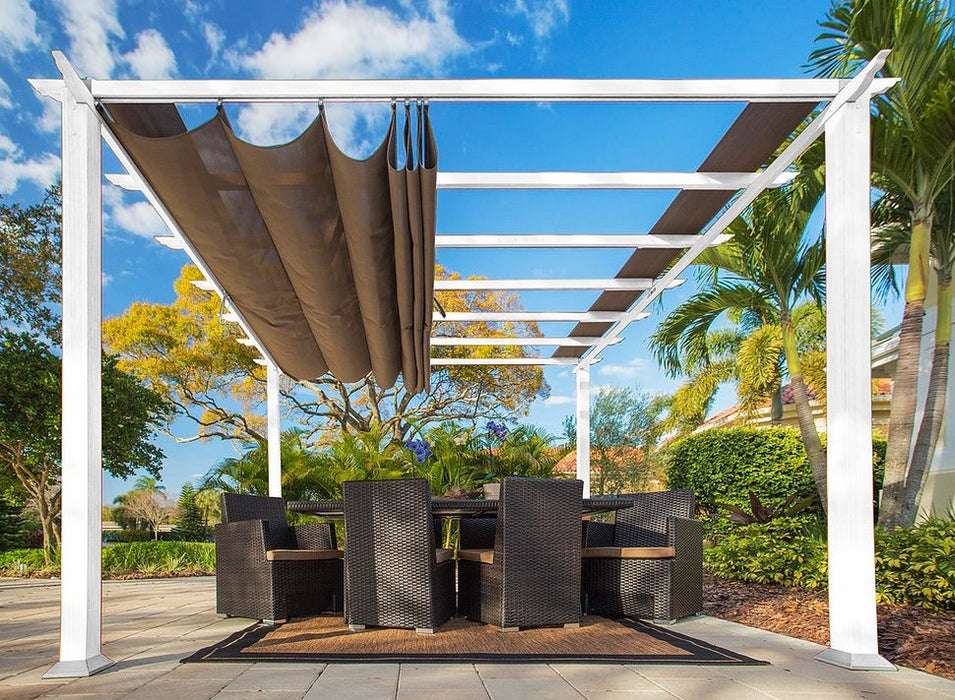 Paragon Outdoor Florence aluminum pergola with a white-colored structure and a cocoa-colored canopy.