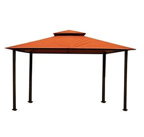 An isolated view of the Paragon Outdoor Kingsbury Soft Top Gazebo with a vibrant orange canopy and a contrasting dark frame.