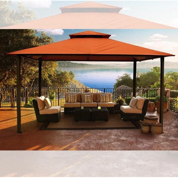 The Paragon Outdoor Kingsbury Soft Top Gazebo with orange canopy, providing a relaxing outdoor seating area with a stunning lakeside background