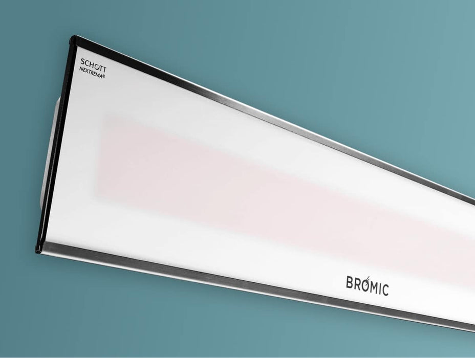 Angled perspective of the Bromic Platinum 2300w Smart-Heat Electric Patio Heater showcasing the white elegant design and reflective surface.