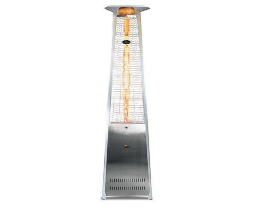 Vesta Flame Tower Heater in stainless steel with visible flame and brand logo.