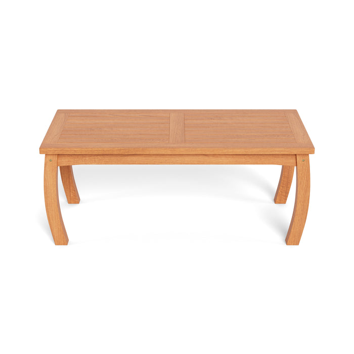 A durable wooden coffee table on a white background, perfect for pairing with the Tortuga Outdoor 5-Piece Indonesian Teak Loveseat Set - Sunbrella Canvas Natural or Navy or outdoor wicker furniture set.